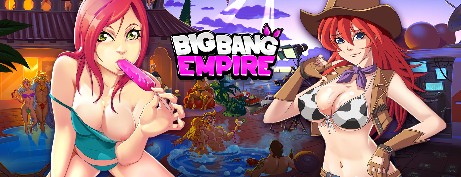 Big Bang Empire hero artwork: a confident film star surrounded by glitter and red lights in the adult entertainment world
